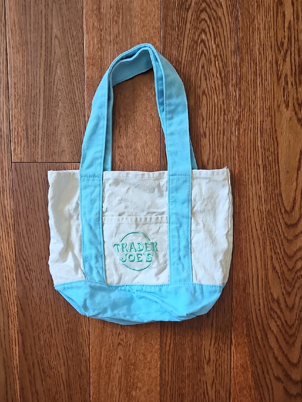 Trader Joes Cream & Light Blue Canvas Tote Bag